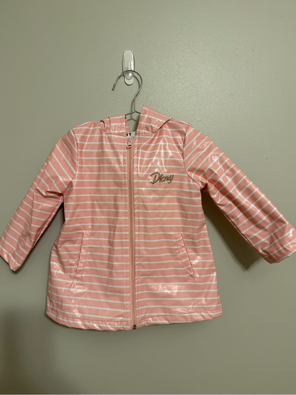 DKNY Pink and White Striped Hooded Rain Jacket